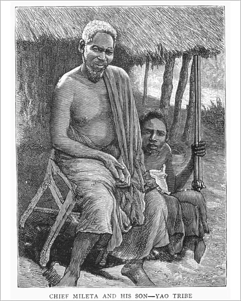 AFRICA: YAO CHIEF, 1889. Chief Mileta of the Yao and his son, Nyasaland (present-day Malawi). Line engraving, 1889