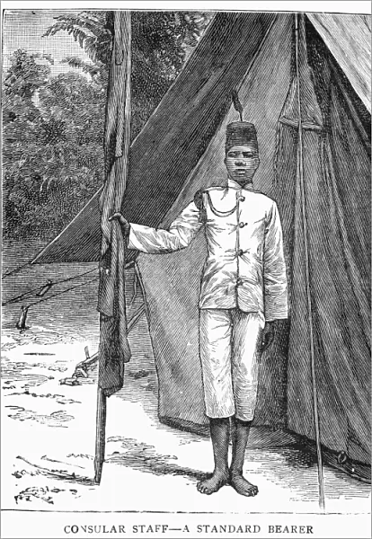 NYASALAND: CONSULAR STAFF. Standard bearer of the consular staff at Nyasaland, the British-controlled territory along Lake Malawi, Africa. Line engraving, 1889
