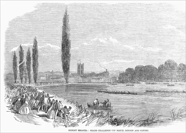 ENGLAND: BOAT RACE, 1857. The grand challenge cup match at the yearly Henley Regatta. Wood engraving, English, 1857