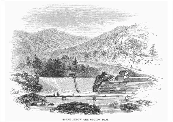 CROTON DAM, 1860. The dam on the Croton River in New York, which supplied water for the Croton Aqueduct. Wood engraving, American, 1860