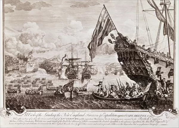 KING GEORGEs WAR, 1745. The landing of English forces at Louisbourg, Cape Breton Island (Ile Royale), Canada, 1745. Contemporary copperplate engraving by John Stevens