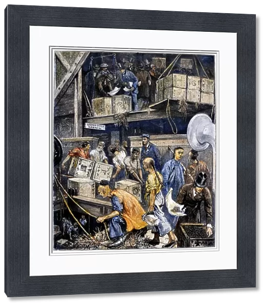 LONDON: TEA SHIP, 1877. Breaking bulk onboard a tea ship in the London docks. Wood engraving, English, 1877