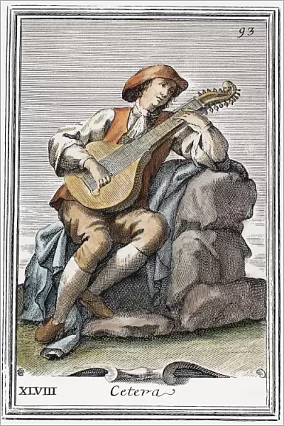 GUITAR: CITTERN, 1723. A large cittern, with ten pairs of strings. Copper engraving, 1723, by Arnold van Westerhout