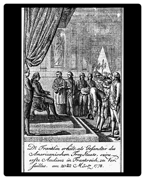FRANKLIN AT VERSAILLES. Benjamin Franklin, Silas Deane, and Arthur Lee of the American trade commission at the court of King Louis XVI of France, 1778. Contemporary German engraving by Daniel Chodowiecki (1726-1801)