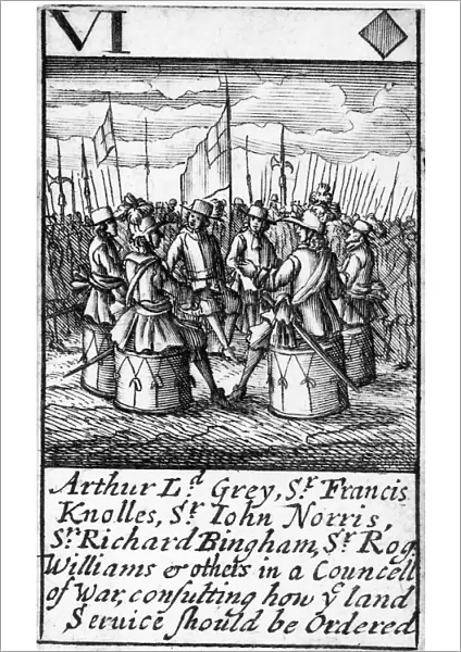 SPANISH ARMADA, 1588. Arthur Lord Grey, Sir Francis Knolles, Sir John Norris, Sir Richard Bingham, Sir Rog[er] Williams and others in a Councell of War, consulting how ye land service should be Ordered. The six of diamonds from a deck of English playing cards depicting the defeat of the Spanish Armada, 1588