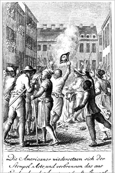 ANTI-STAMP ACT, BOSTON, 1765. Bostonians protesting the Stamp Act by burning the stamps in a bonfire. German engraving by Daniel Chodowiecki, 1784