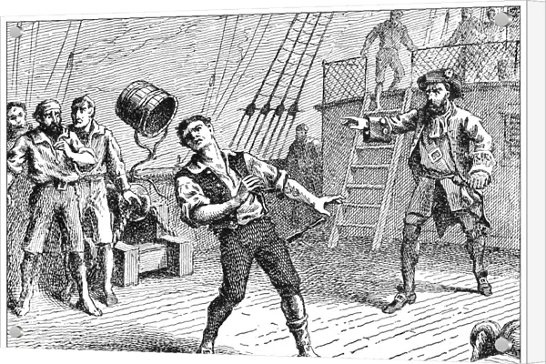CAPTAIN WILLIAM KIDD (c1645-1701). Scottish privateer and pirate. Captain Kidd hurls a bucket and mortally wounds his mutinous gunner, William Moore, as they cruise off the coast of India in 1697. Line engraving, 19th century