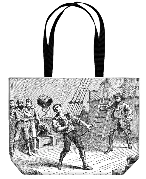 CAPTAIN WILLIAM KIDD (c1645-1701). Scottish privateer and pirate. Captain Kidd hurls a bucket and mortally wounds his mutinous gunner, William Moore, as they cruise off the coast of India in 1697. Line engraving, 19th century
