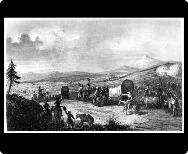WAGON TRAIN, c1844. Arrival of the Caravan at Santa Fe. Engraving by A. L. Dick, from Commerce of the Prairies by Josiah Gregg, c1844