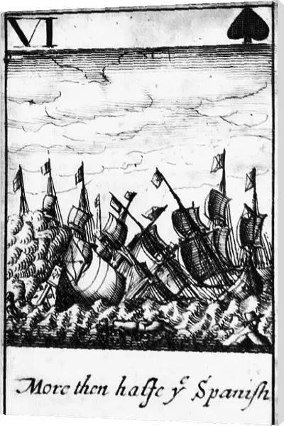 SPANISH ARMADA, 1588. More than halfe ye Spanish Fleet Taken and Sunck. The six of spades from a deck of English playing cards depicting the defeat of the Spanish Armada, 1588