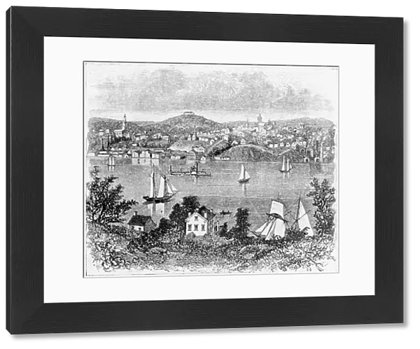 POUGHKEEPSIE, c1840. View of Poughkeepsie on the Hudson River, New York. Wood engaving, American, c1840