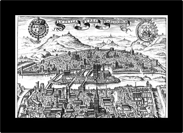 FRANCE: PARIS, 1608. View of Paris with the Left Bank in the foreground, Notre Dame Cathedral on ├Äle de la Cit