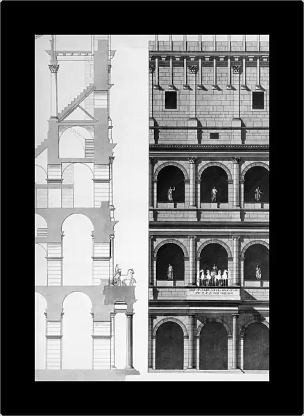 ROME: COLOSSEUM. Cross-section and elevation drawings of a reconstruction of the Colosseum in Rome. Line engraving by Luigi Canina, 1851