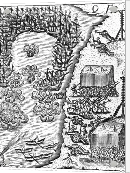 SPANISH ARMADA, 1588. The Spanish Armada being driven ashore on the coast of Ireland, where survivors were attacked by English troops. Wood engraving from A Thankful Remembrance of Gods Mercy in an Historicall Collection of the Deliverances of the Church and State of England, from the beginning of Q. Elizabeth, by George Carleton, 1624