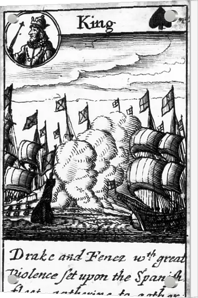 SPANISH ARMADA, 1588. Drake and Fenez with great Violence set upon the Spanish fleet gathering together before Graveling. The king of spades from a deck of English playing cards depicting the defeat of the Spanish Armada, 1588