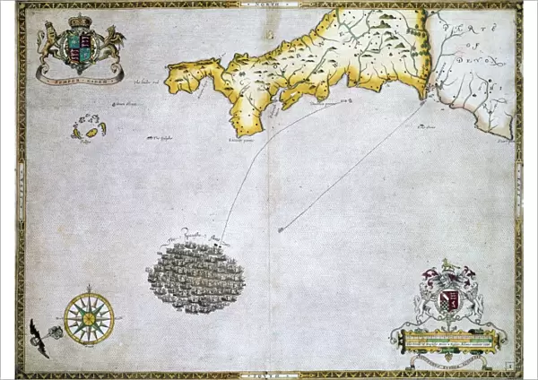 SPANISH ARMADA, 1588. English map, engraved 1590 by Augustine Ryther, after Roberto Adamo, showing the Spanish Armada tightly packed in the English Channel off the coast of Cornwall, late July 1588