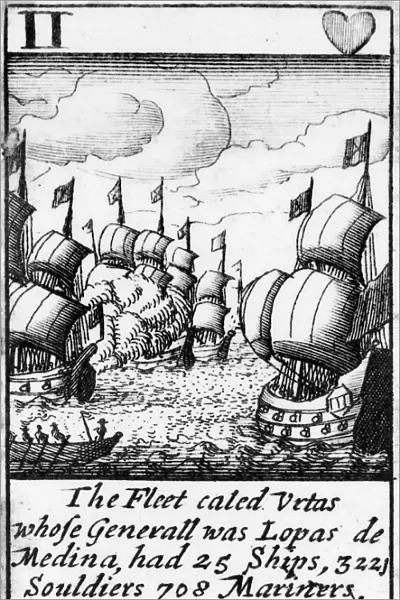 SPANISH ARMADA, 1588. The Fleet called Urtas whose Generall was Lopas de Medina, had 25 Ships, 3225 Souldiers, 708 Mariners, 110 Cannons etc. The two of hearts from a deck of English playing cards depicting the defeat of the Spanish Armada, 1588