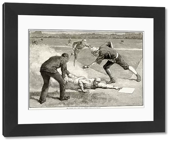 BASEBALL GAME, 1885. New York Giants catcher William Buck Ewing slides home safely under Chicago White Stockings catcher Silver Flint to score the winning run in a 1-0 game at the Polo Grounds, New York, 6 August 1885. Wood engraving after Thure de Thulstrup from a contemporary American newspaper