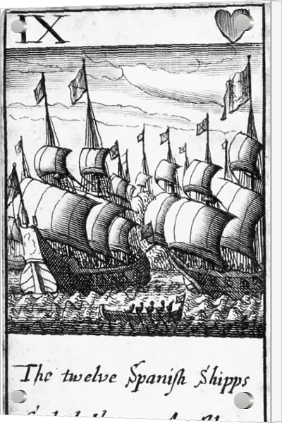 SPANISH ARMADA, 1588. The twelve Spanish Shipps Called the 12 Apostles. The nine of hearts from a deck of English playing cards depicting the defeat of the Spanish Armada, 1588