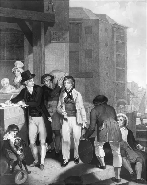 ENGLAND: MERCHANT, 1800. Industry and Oeconomy. A successful merchant and his family at Bell Wharf in London, England. Stipple engraving, 1800, by J. -Louis Darcis after a painting by Henry Singleton