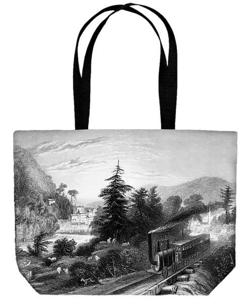 LITTLE FALLS: RAILROAD. A passenger train traveling through Little Falls, New York, along the Mohawk River. Line engraving by Richard Sands after William Bartlett, 1839