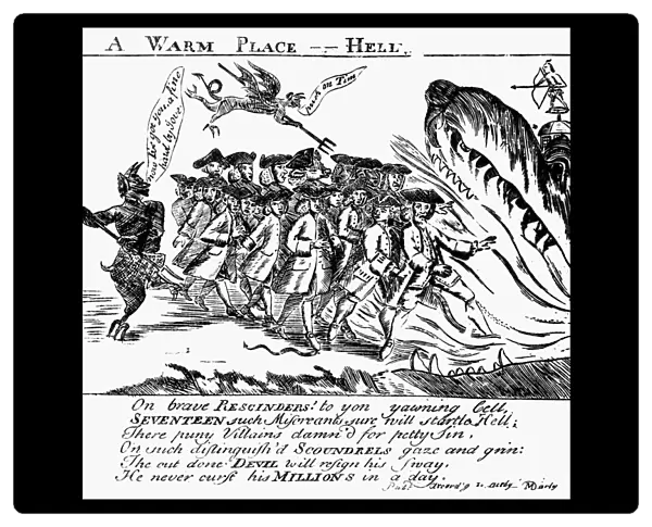 TOWNSEND ACT CARTOON, 1768. A Warm Place - Hell. American cartoon, 1768, engraved by Paul Revere, condemming to hell seventeen men who voted to rescind a Massachusetts circular letter against duties imposed by the the Townsend Act, passed by the Parliament of Great Britain the previous year
