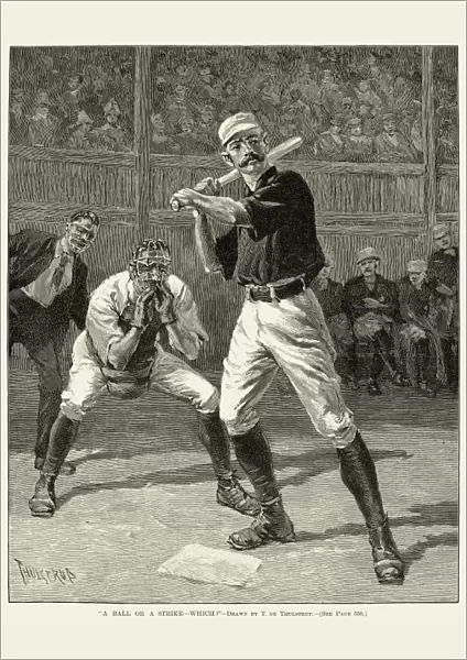 BASEBALL, 1888. A Ball or a Strike - Which? Wood engraving, American, after Thure de Thulstrup, 1888