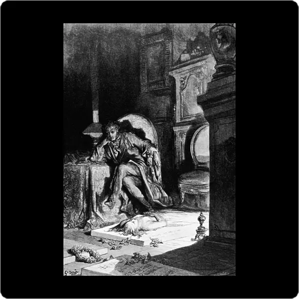 DOR├ë: THE RAVEN, 1882. Then, upon the velvet sinking, I betook myself to linking, Fancy unto fancy. Engraved illlustration by Gustave Dor