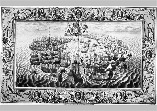SPANISH ARMADA, 1588. British and Spanish naval fleets. Engraving by John Pine from The Tapestry Hangings of the House of Lords, published in 1739