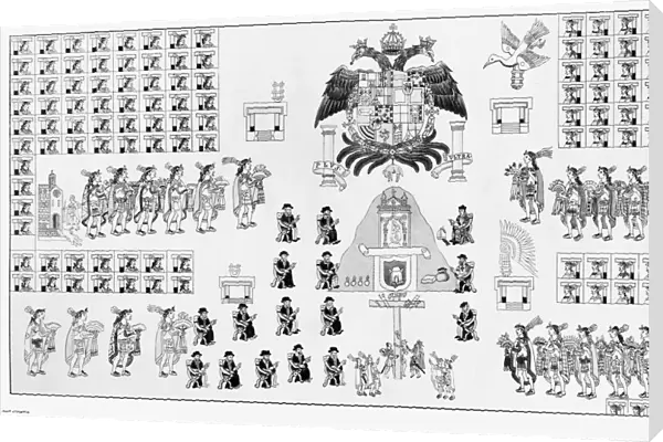 MEXICO: MIXTEC CODEX. Mixtecs coming to worship at a shrine and cross erecting by Spanish missionaries. Engraving after the Codex Porfirio Diaz, early 16th century