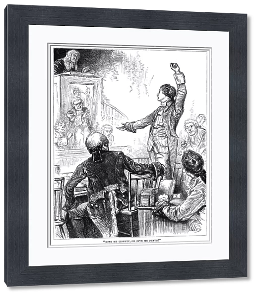 PATRICK HENRY (1736-1799). Give Me Liberty or Give Me Death! Patrick Henry delivers his great speech on the rights of the colonies before the Virginia Assembly, convened at Richmond, 23 March 1775. Wood engraving, American, 1876