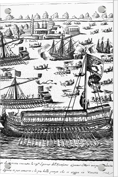 VENICE: BUCENTAUR. The bucentaur, the state galley of the Doge of Venice, on Ascension Day. Line engraving from Giacomo Francos Habiti delle donne Venetiane (Costumes of Venetian Women), c1600