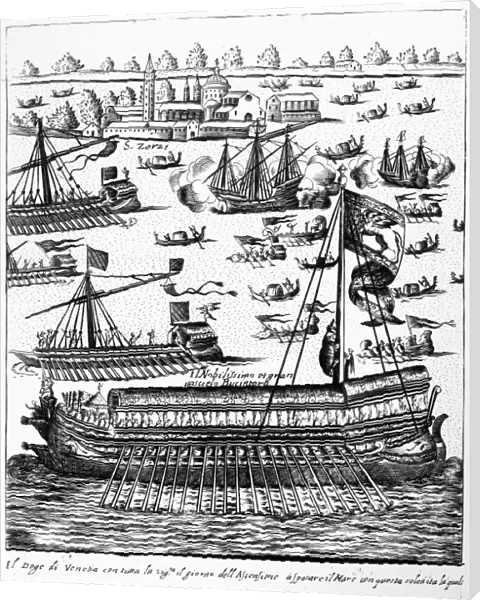 VENICE: BUCENTAUR. The bucentaur, the state galley of the Doge of Venice, on Ascension Day. Line engraving from Giacomo Francos Habiti delle donne Venetiane (Costumes of Venetian Women), c1600