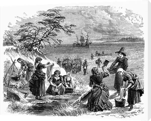 CAPE COD: PILGRIMS. Pilgrims washing clothes after landing at Cape Cod, Massachusetts, 1620. Wood engraving, American, 19th century