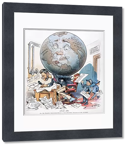 JOSEPH PULITZER CARTOON Atlas Joe : American cartoon, 1896, by Frederick Opper, showing Joseph Pulitzer (1847-1911) busily trying to influence world affairs through his newspapers and through memorandums to authorities and world leaders