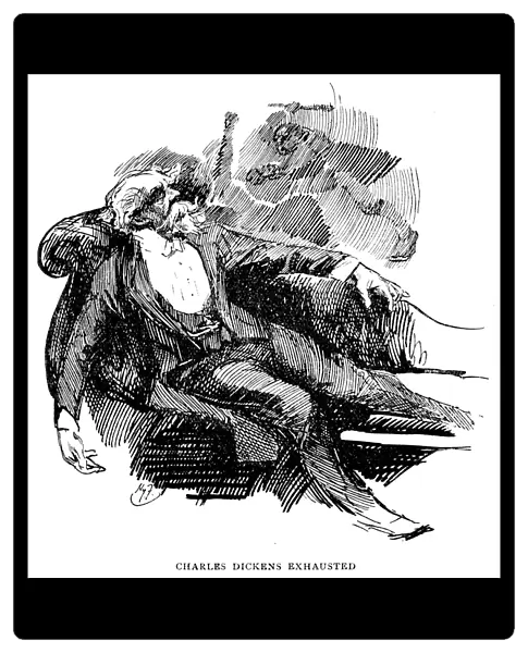 CHARLES DICKENS (1812-1870). English novelist. Pen-and-ink drawing by Harry Furniss (1854-1925). Charles Dickens Exhausted