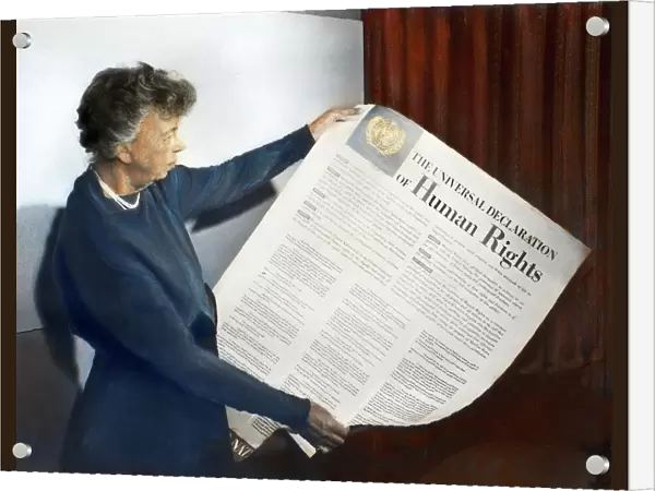 ANNA ELEANOR ROOSEVELT (1884-1962). Mrs. Franklin Delano Roosevelt. Eleanor Roosevelt holding a Universal Declaration of Human Rights poster at Lake Success, New York. Oil over a photograph, November 1949