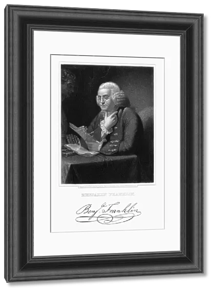 BENJAMIN FRANKLIN (1706-1790). American printer, publisher, scientist, inventor, statesman and diplomat. Stipple engraving after a painting, 1766, by David Martin