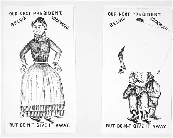BELVA ANN LOCKWOOD (1830-1917). American lawyer and womens rights advocate. Anti-Lockwood campaign card showing Benjamin F. Butler as the power behind the skirts, c1884