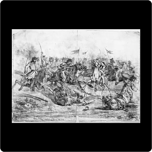 CIVIL WAR: CAVALRY CHARGE. Cavalry charge near Rappahannock Station, Virginia, 1864, during the American Civil War. Contemporary pencil drawing by Edwin Forbes