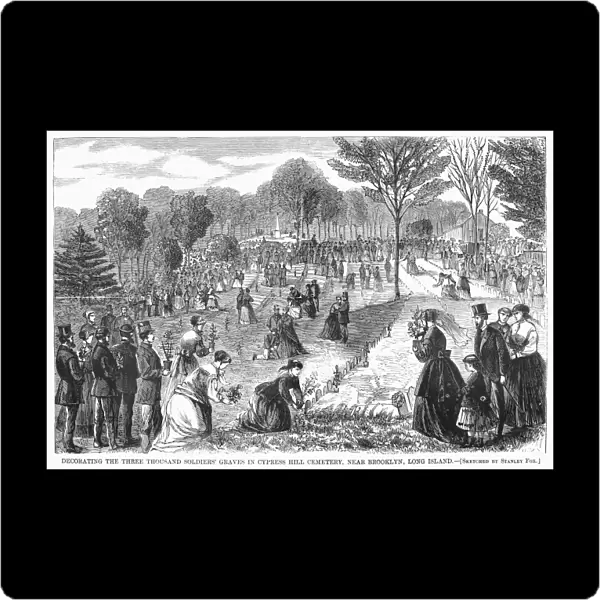 MEMORIAL DAY, 1868. Decorating Civil War soldiers graves in Cypress Hills Cemetery, near Brooklyn, New York, on the first Memorial (Decoration) Day, 30 May 1868. Contemporary American wood engraving after a drawing by Stanley Fox