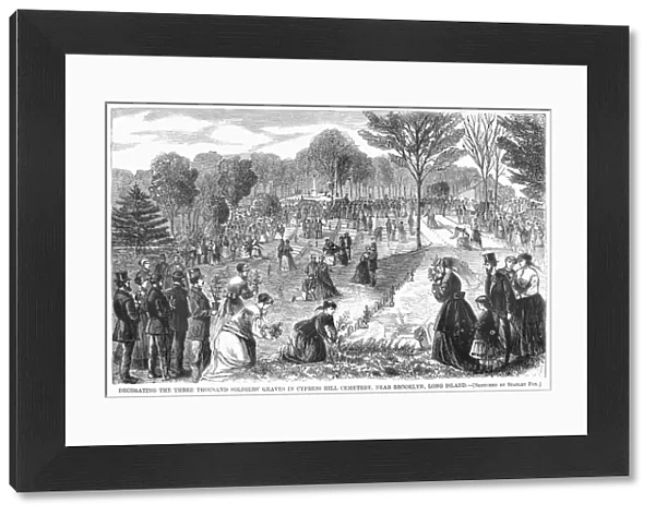 MEMORIAL DAY, 1868. Decorating Civil War soldiers graves in Cypress Hills Cemetery, near Brooklyn, New York, on the first Memorial (Decoration) Day, 30 May 1868. Contemporary American wood engraving after a drawing by Stanley Fox