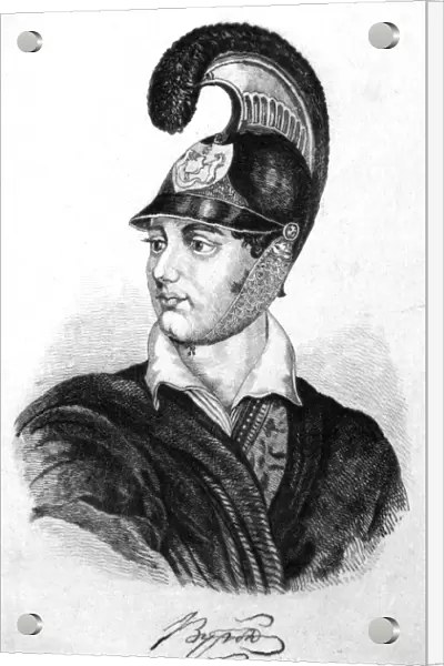 GEORGE GORDON BYRON (1788-1824). 6th baron Byron. English poet. Lord Byron wearing a Greek helmet. Etching, 19th century