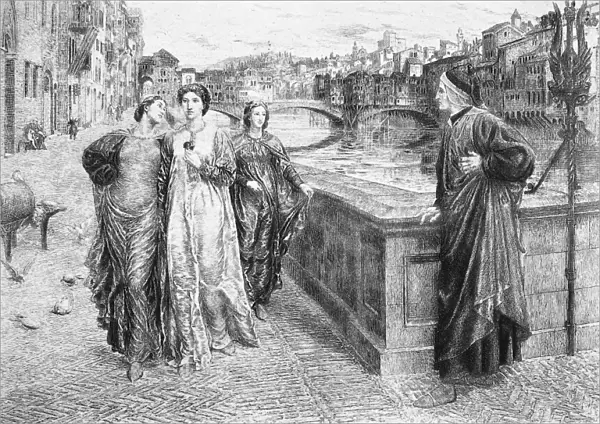 DANTE AND BEATRICE. The first meeting of Alighieri Dante and Beatrice. Etching, late 19th century, after Henry Holiday (1839-1927)