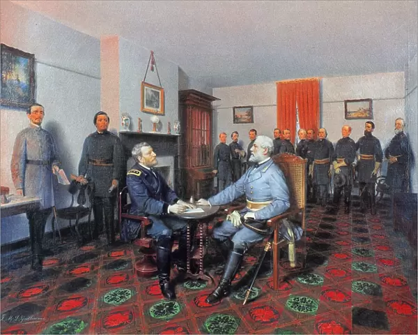 CIVIL WAR: APPOMATTOX, 1865. The Surrender of General Lee to General Grant, 9 April 1865. Oil on canvas by Louis Guillaume, 1867