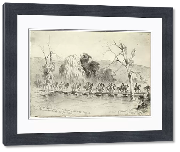 CIVIL WAR: PONTOON BRIDGE. Union Army troops under General John Charles Fremont on a pontoon bridge crossing the north fork of the Shenandoah at Mount Jackson, Virginia. Pencil drawing by Edwin Forbes, 5 June 1862