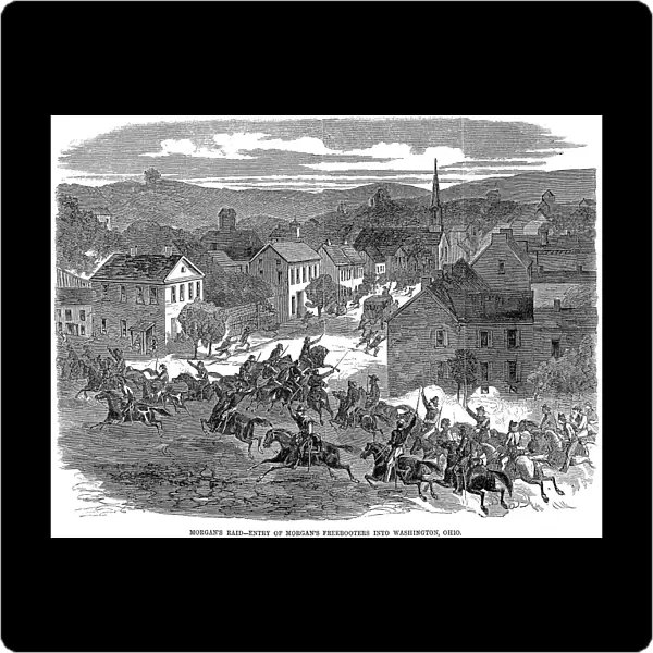 JOHN HUNT MORGAN (1825-1864). American Confederate cavalry officer. Morgan and his raiders entering the town of Washington, Ohio, July 1863. Wood engraving from a contemporary Northern newspaper
