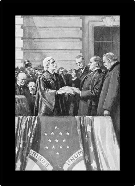 McKINLEY TAKING OATH, 1897. Chief Justice Melville W. Fuller admistering the Presidential oath of office to William McKinley, 4 March 1897. To the right is the outgoing president, Grover Cleveland. Illustration from an American magazine, 1897