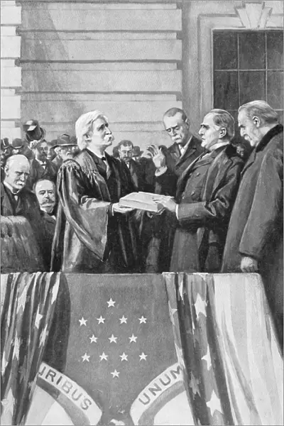 McKINLEY TAKING OATH, 1897. Chief Justice Melville W. Fuller admistering the Presidential oath of office to William McKinley, 4 March 1897. To the right is the outgoing president, Grover Cleveland. Illustration from an American magazine, 1897