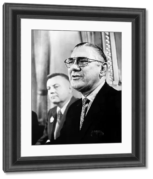 WILBUR MILLS (1909-1992). American politician. Representative Mills at a press conference announcing his bid for presidential nomination. Photograph by Wally McNamee, May 1972